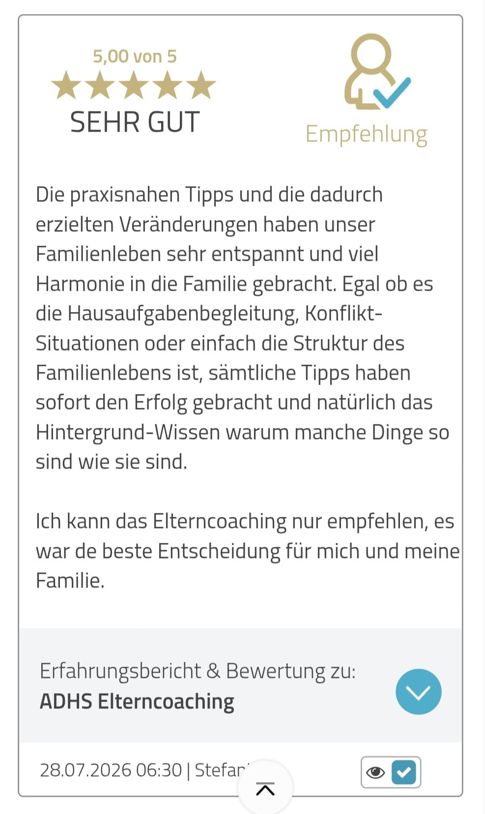 5-Sterne Bewertung von Stefan über das ADHS Elterncoaching von Der Lerntiger