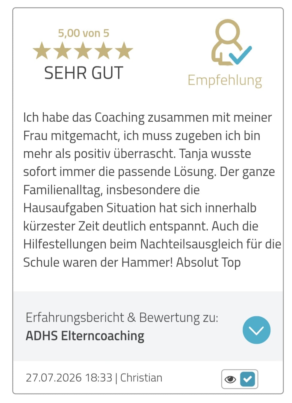 5-Sterne Bewertung von Christian über das ADHS Elterncoaching von Der Lerntiger